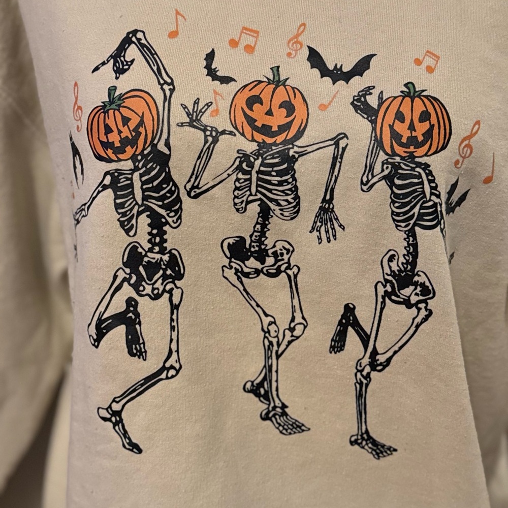 🆕🌿🤎GILDAN: Taupe Dancing Skeleton Pumpkin Head Sweatshirt LARGE - Picture 8 of 8